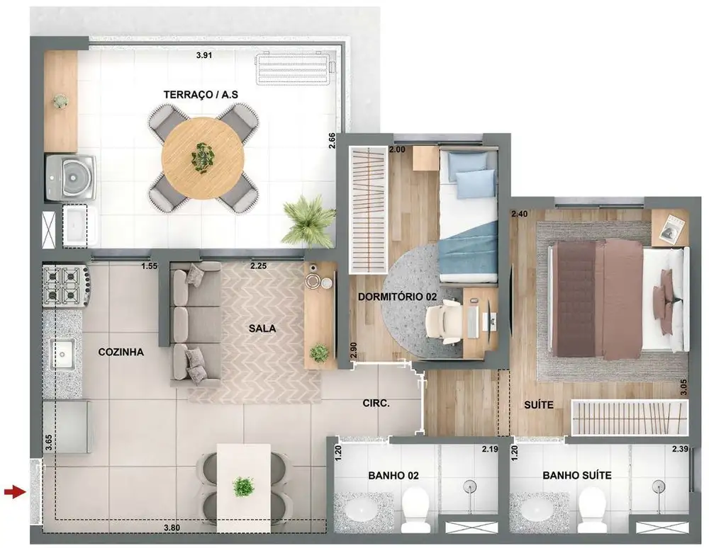 Planta 2 dormitórios 51,60 m²