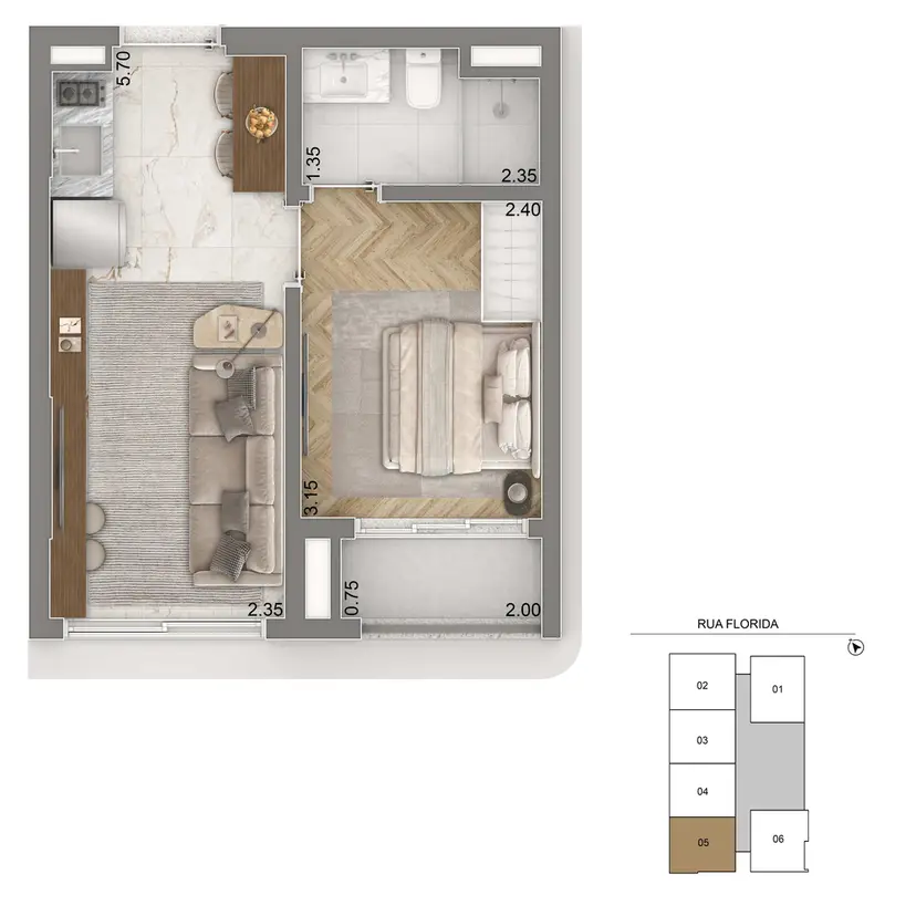 Planta 1 dormitório 31 m²