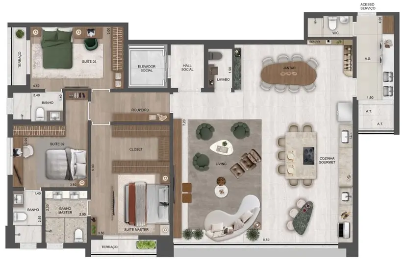 Planta 3 dormitórios 185 m²