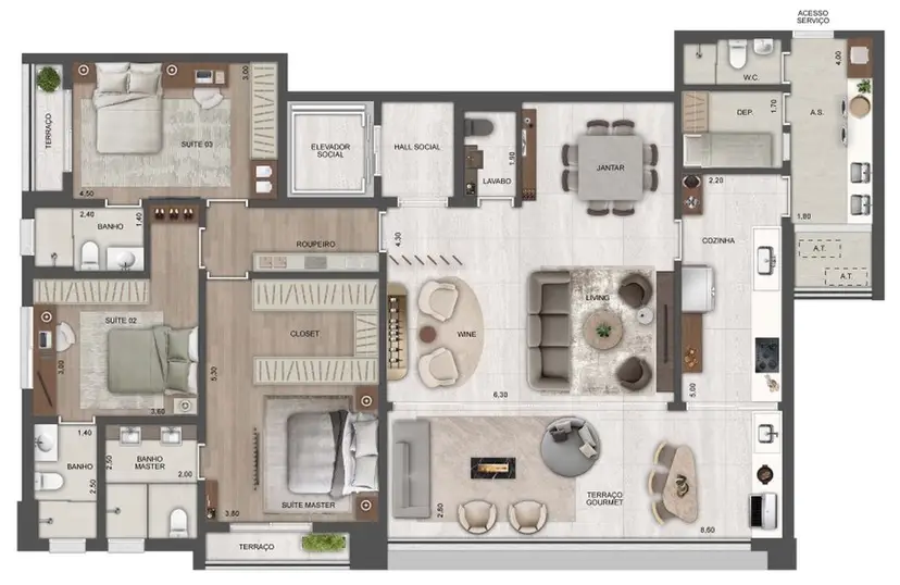 Planta 3 dormitórios 185 m²