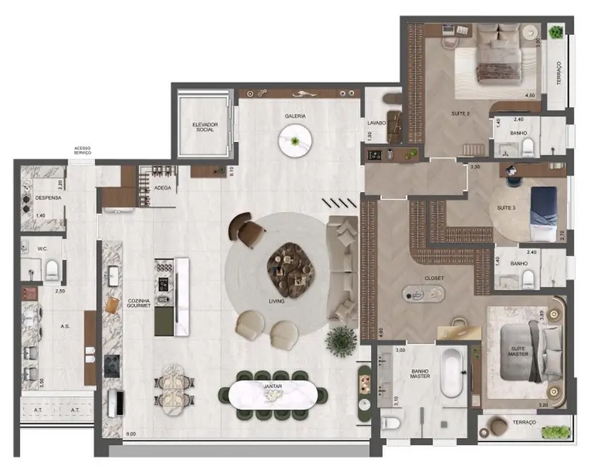 Planta 3 dormitórios – opção de planta 215 m²
