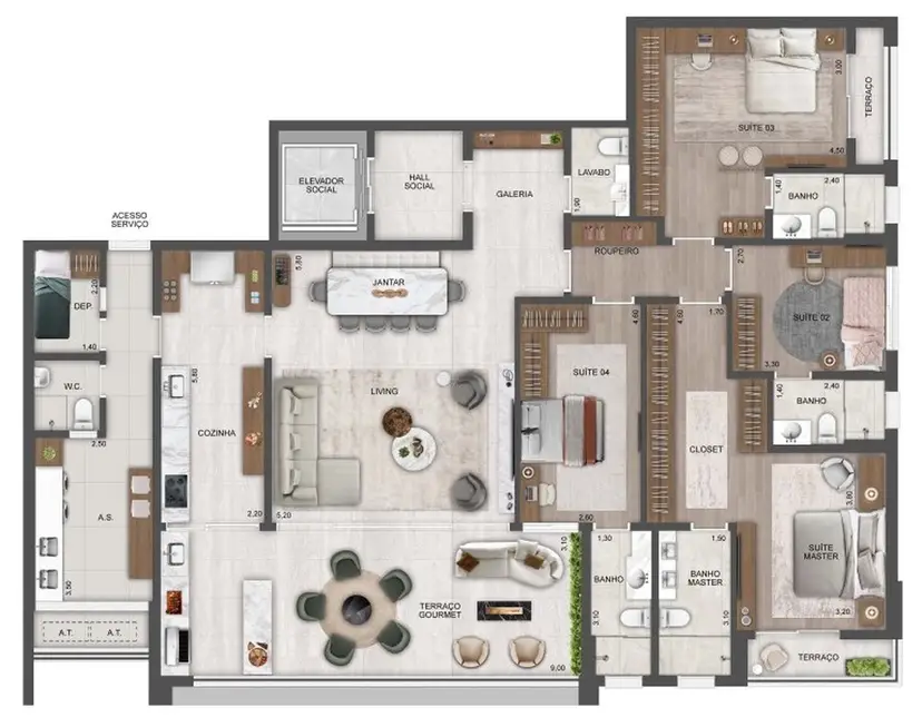 Planta 4 dormitórios 215 m²