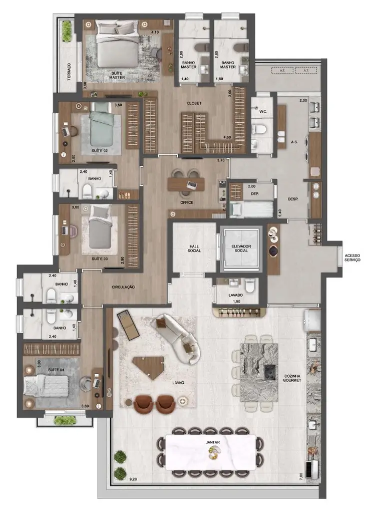Planta 4 dormitórios 248 m²