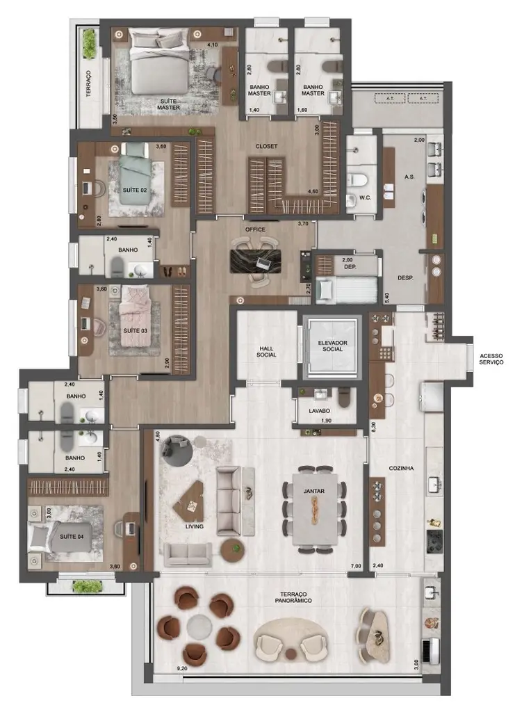 Planta 4 dormitórios 248 m²