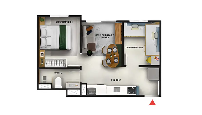 Planta 2 dormitórios 32,36 m²