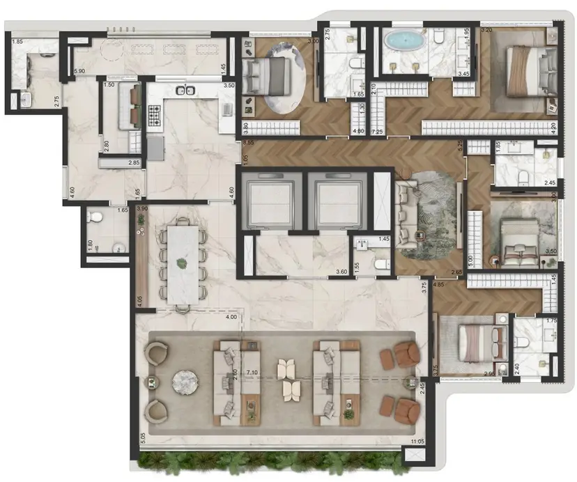 Planta 4 dormitórios 283 m²