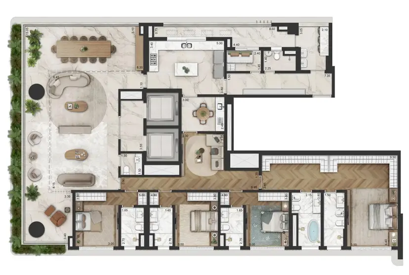 Planta 4 dormitórios 345 m²