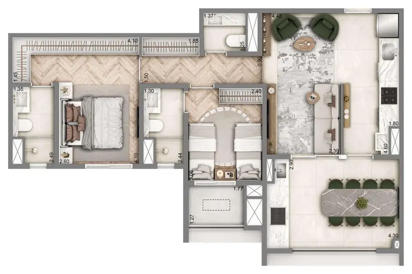 Planta 2 dormitórios 76 m²