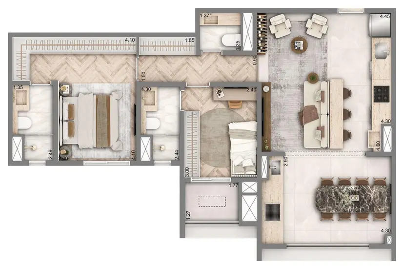 Planta 2 dormitórios – opção de planta 76 m²