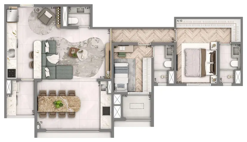 Planta 2 dormitórios 90 m²