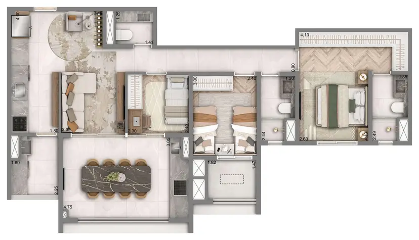 Planta 3 dormitórios – opção de planta 90 m²