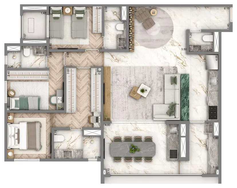 Planta 3 dormitórios 128 m²