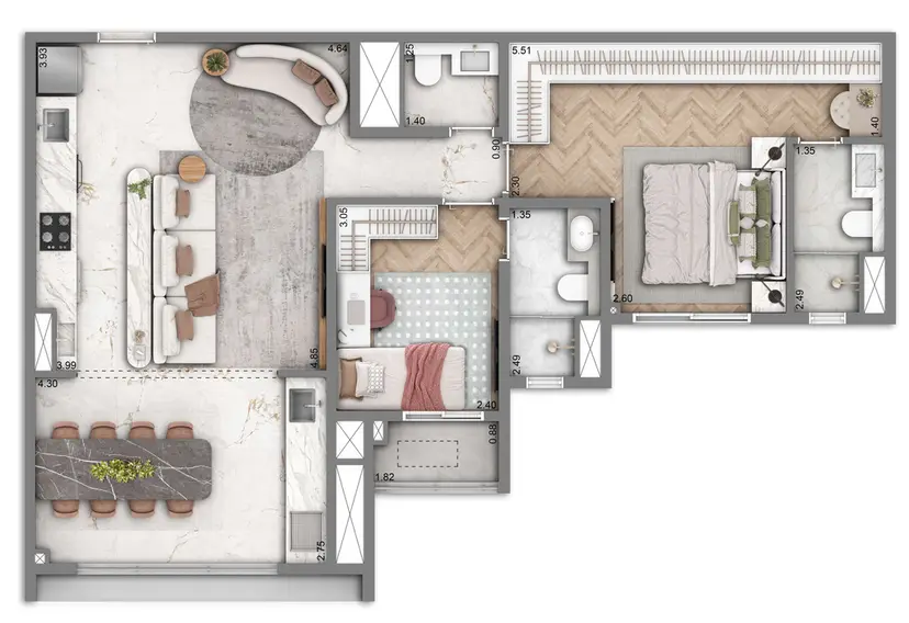 Planta 2 dormitórios 78 m²