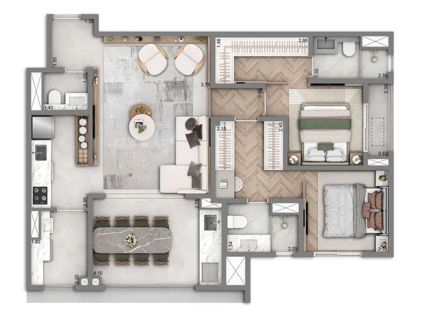 Planta 2 dormitórios 88 m²