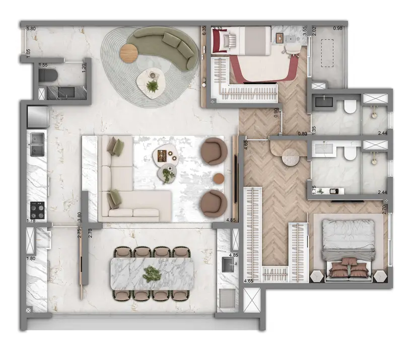 Planta 2 dormitórios 104 m²