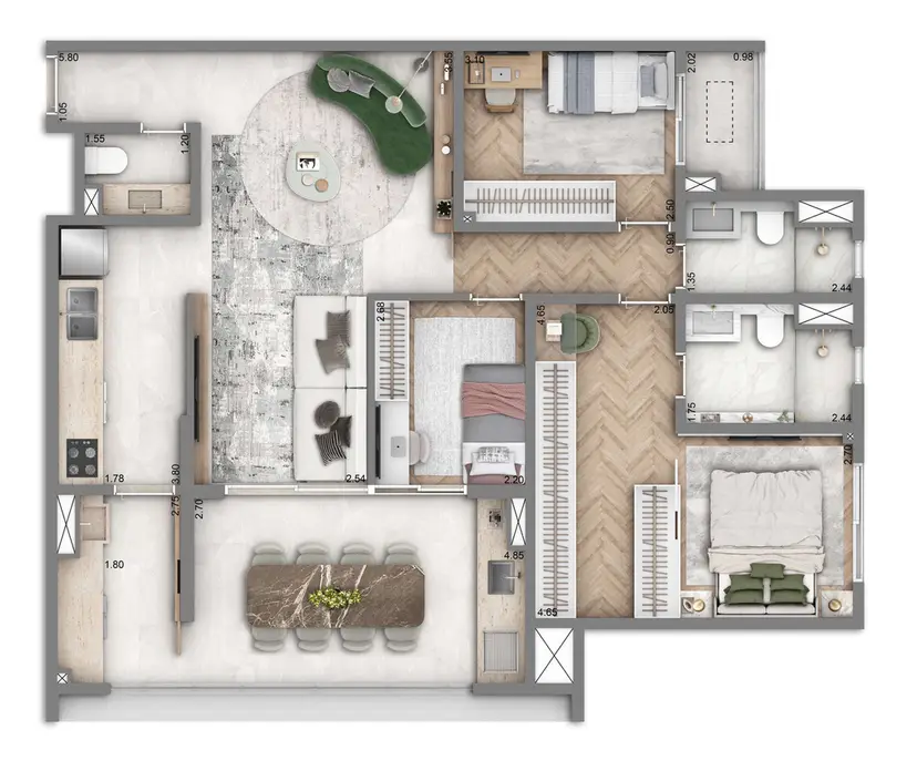 Planta 3 dormitórios 105 m²