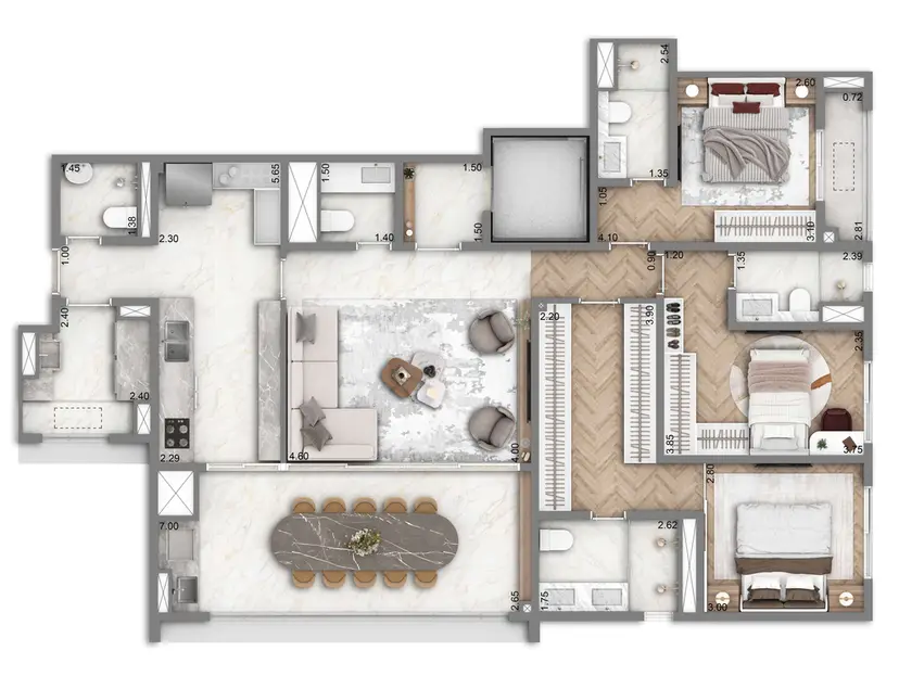 Planta 3 dormitórios 132 m²