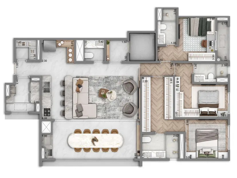 Planta 3 dormitórios 133 m²