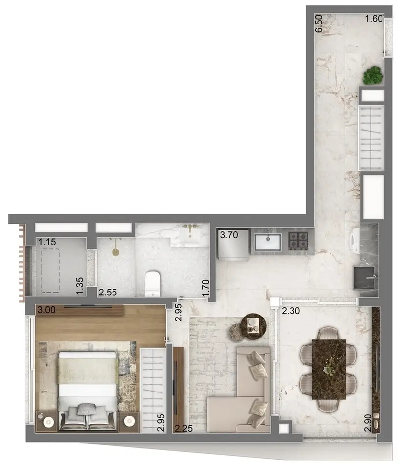Planta 1 dormitório 52 m²