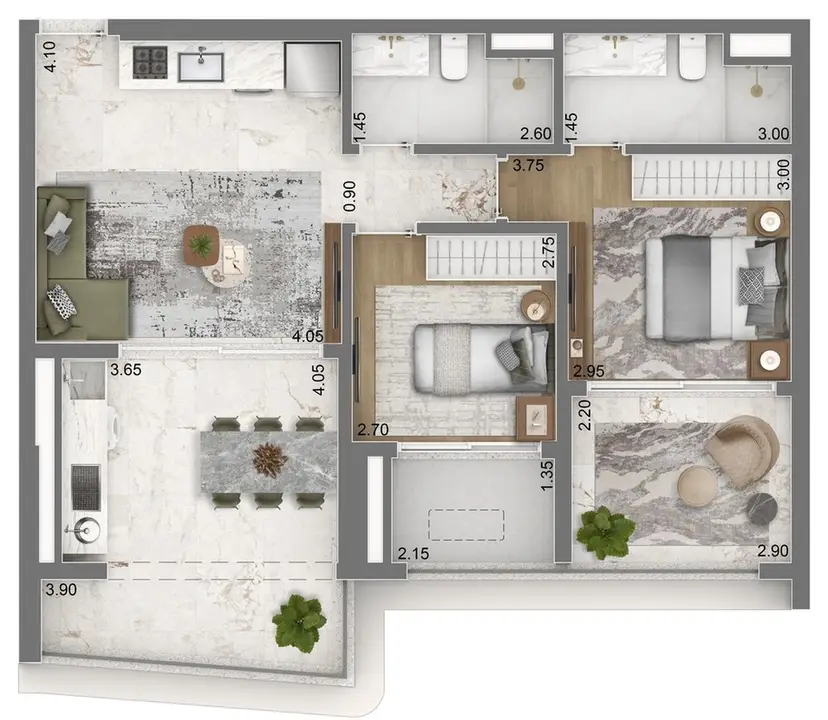 Planta 2 dormitórios 80 m²