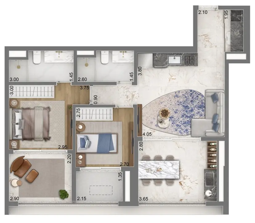 Planta 2 dormitórios 80 m²