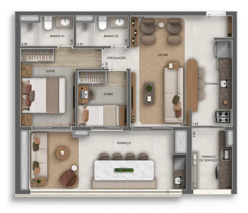 Planta 2 dormitórios 79 m²