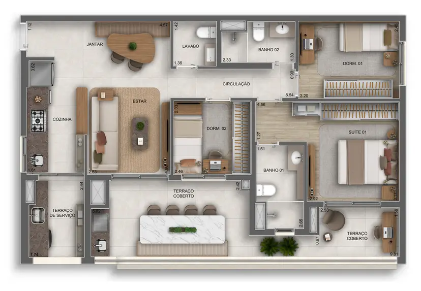 Planta 3 dormitórios 95 m²