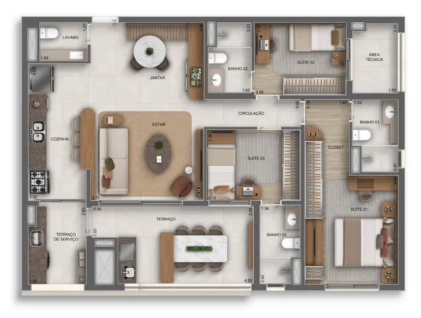 Planta 3 dormitórios 113 m²