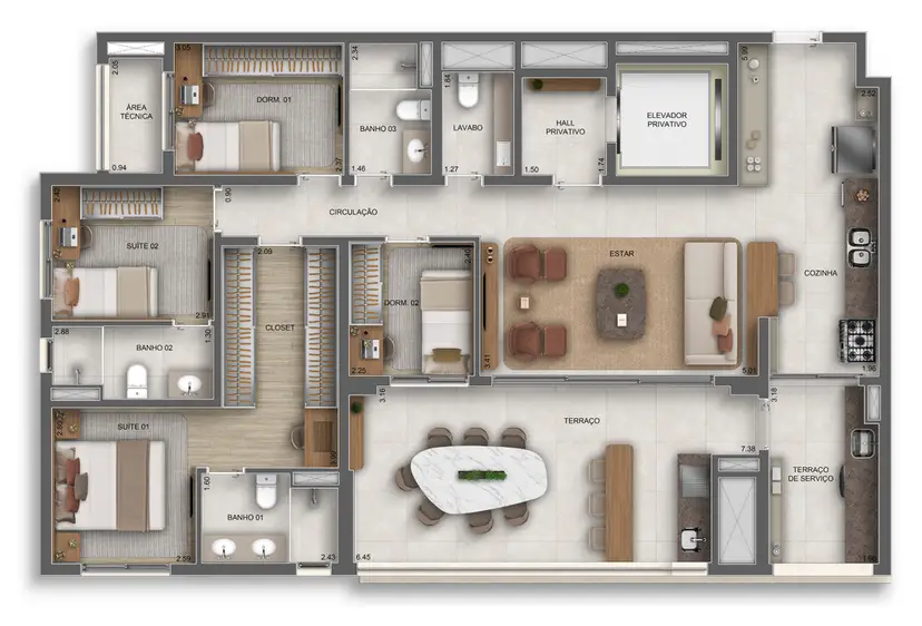 Planta 4 dormitórios 131 m²