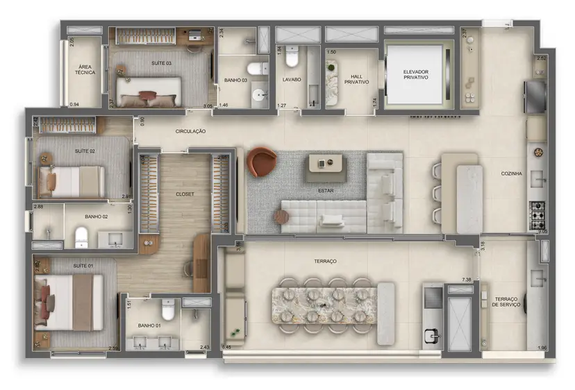 Planta 3 dormitórios 137 m²
