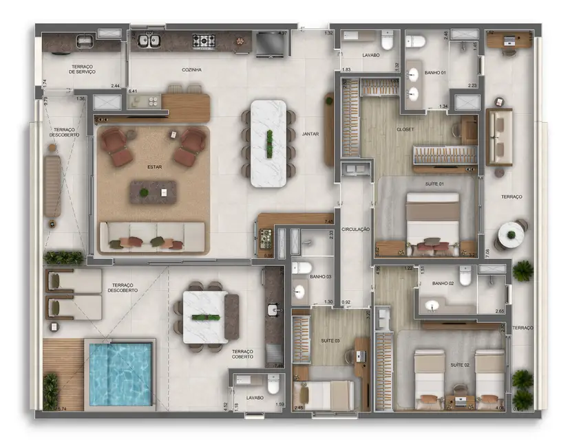 Planta 3 dormitórios – cobertura 162 m²