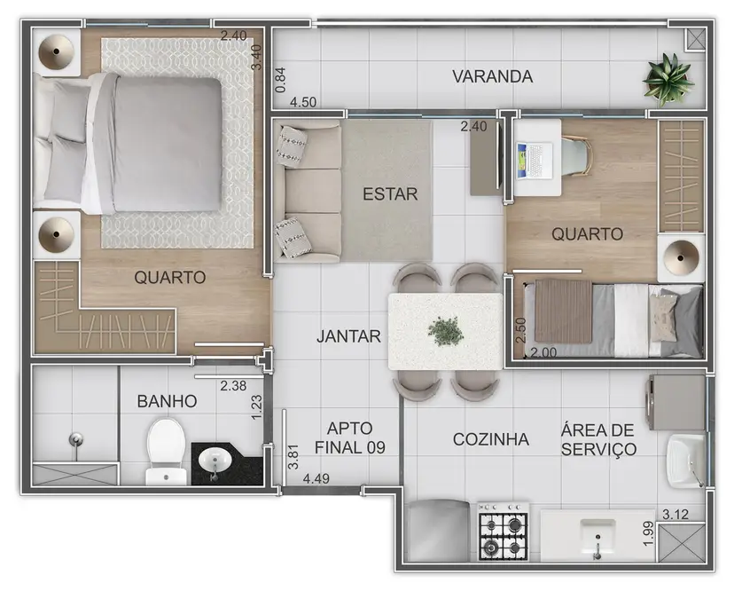 Planta 2 dormitórios 37,99 m²
