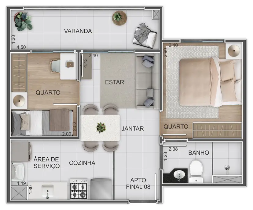 Planta 2 dormitórios 38,69 m²