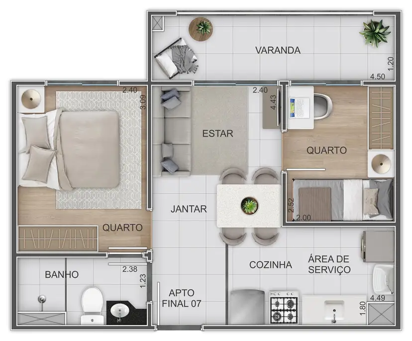 Planta 2 dormitórios 39,42 m²