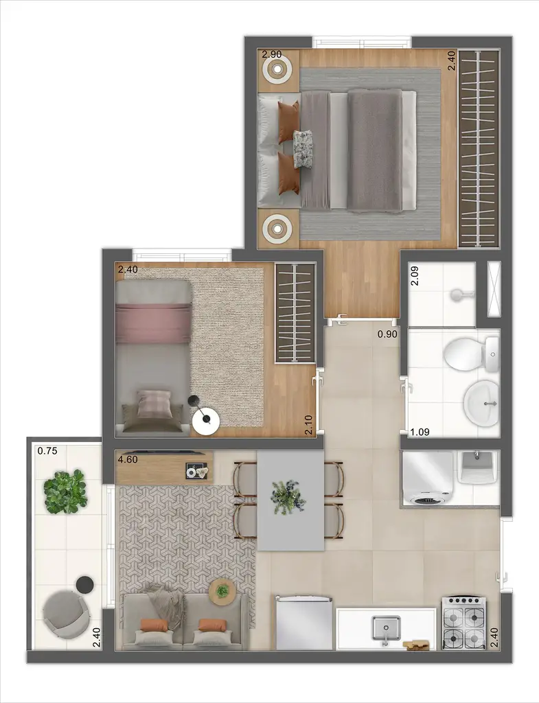 Planta 2 dormitórios 31,71 m²
