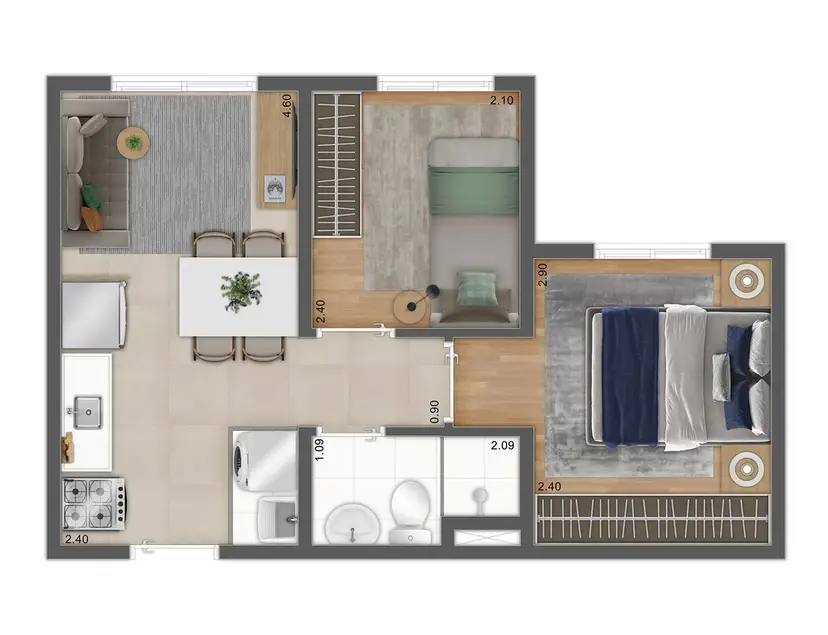 Planta 2 dormitórios 34,45 m²