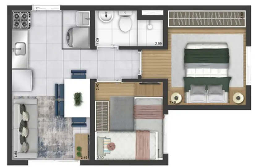 Planta 2 dormitórios 31,71 m²