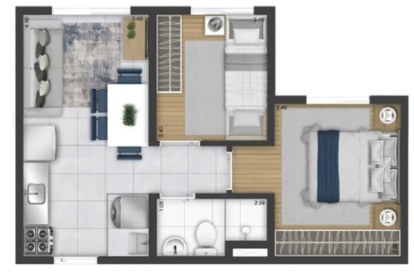 Planta 2 dormitórios 32,70 m²