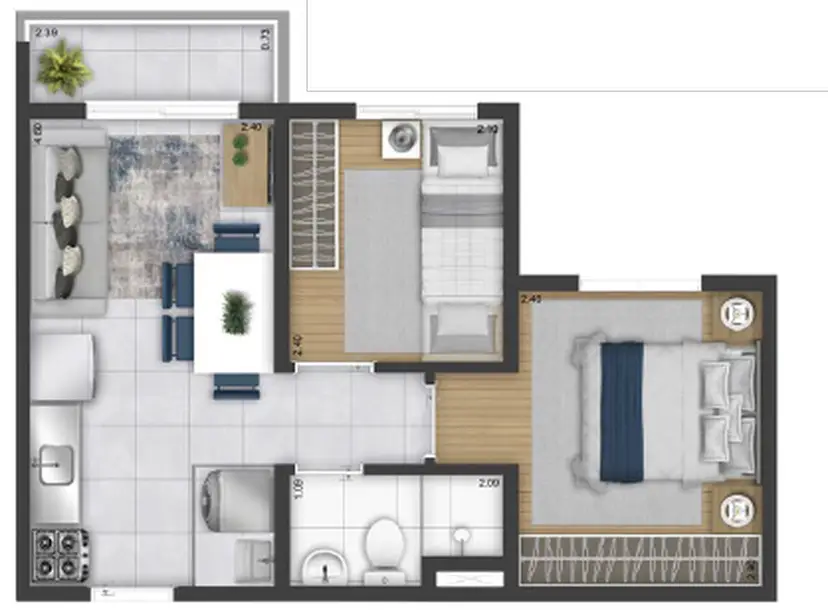 Planta 2 dormitórios 34,43 m²