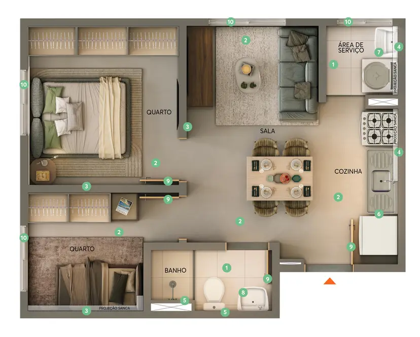 Planta 2 dormitórios 34,14 m²