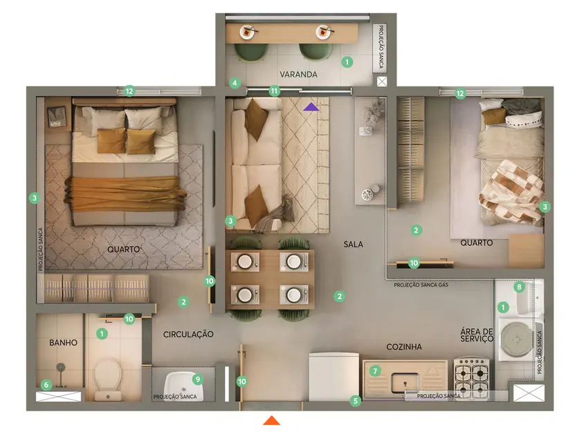 Planta 2 dormitórios 35,87 m²