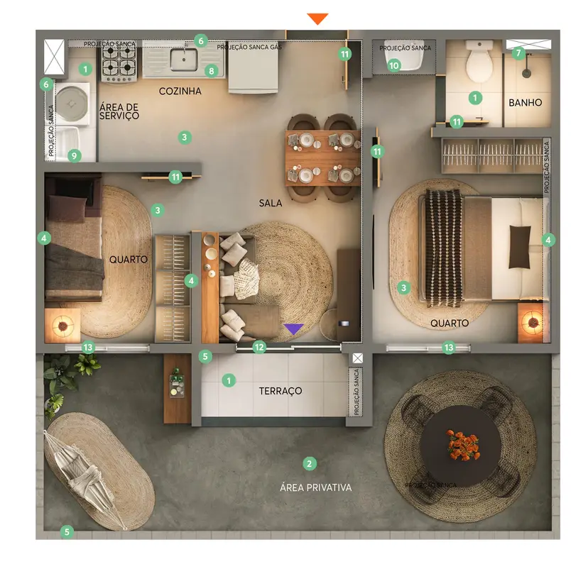 Planta 2 dormitórios – garden 47,21 m²