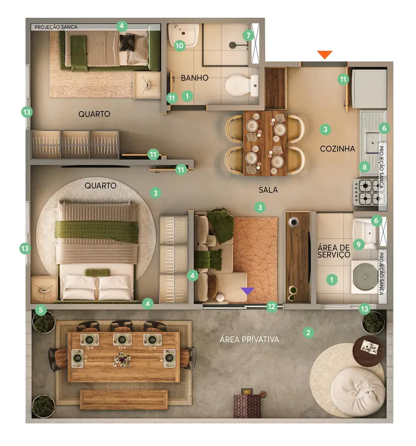Planta 2 dormitórios – garden 50,09 m²