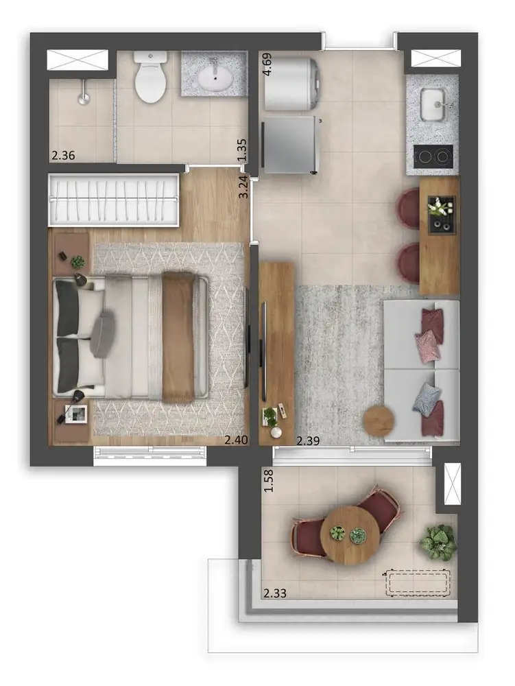 Planta 1 dormitório 31 m²