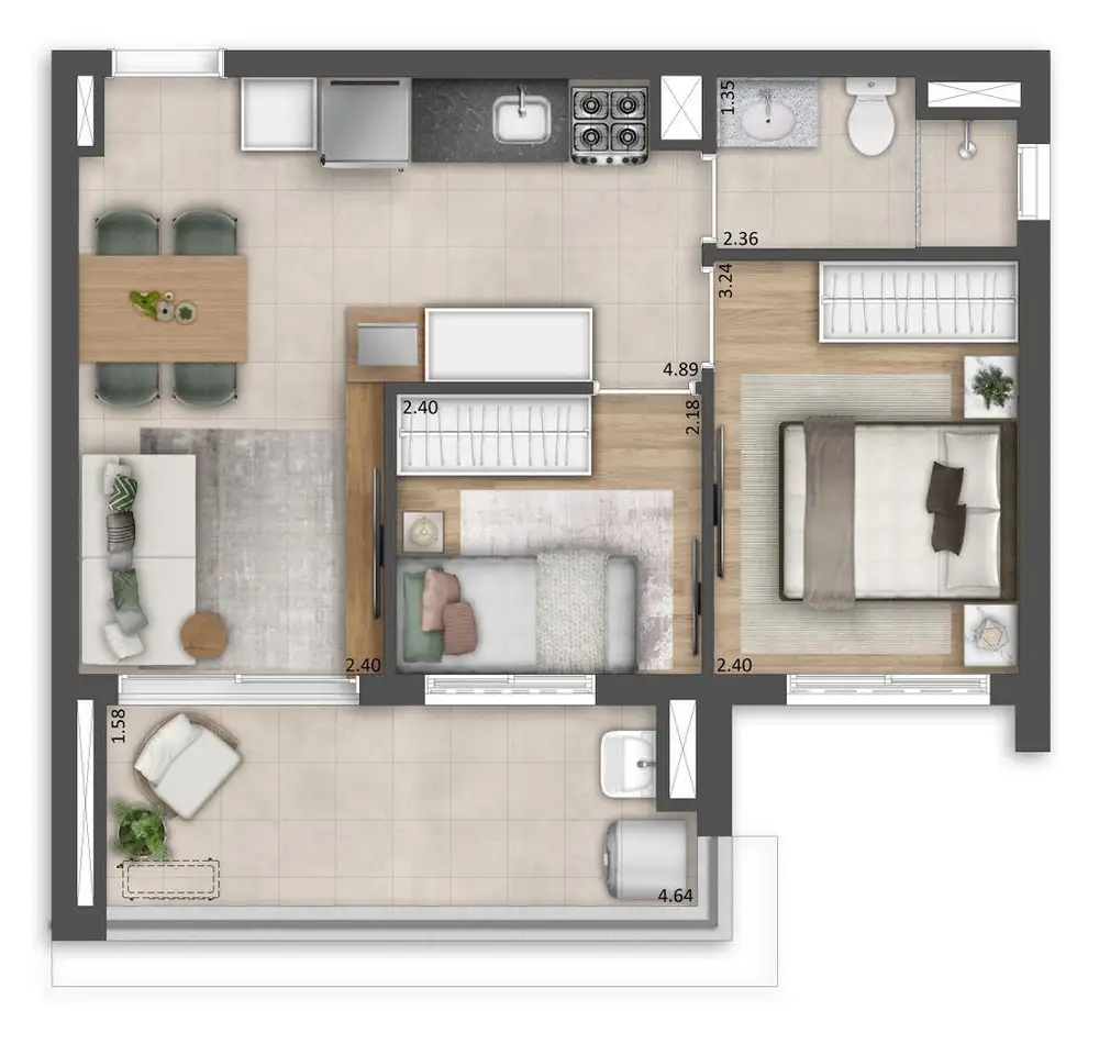 Planta 2 dormitórios 48 m²