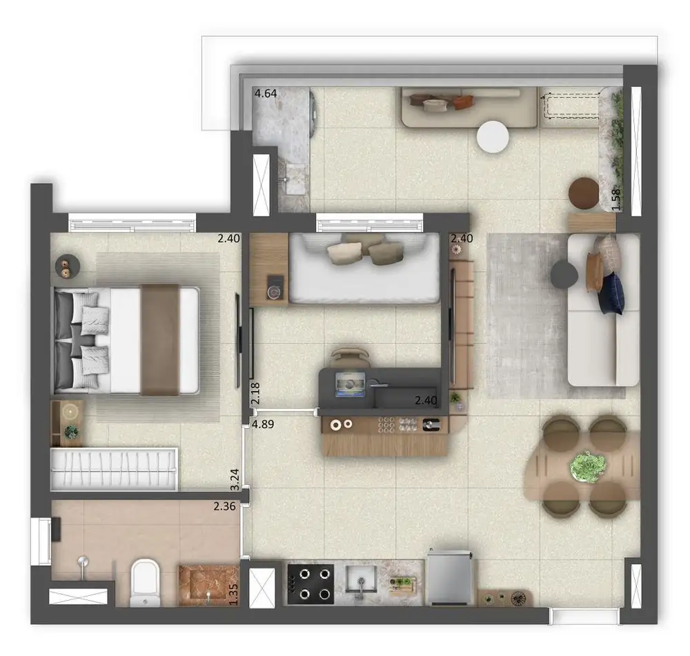 Planta 2 dormitórios – opção de planta 48 m²