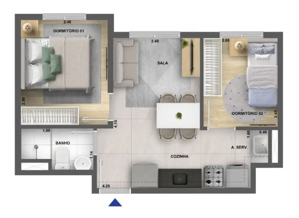 Planta 2 dormitórios 32 m²