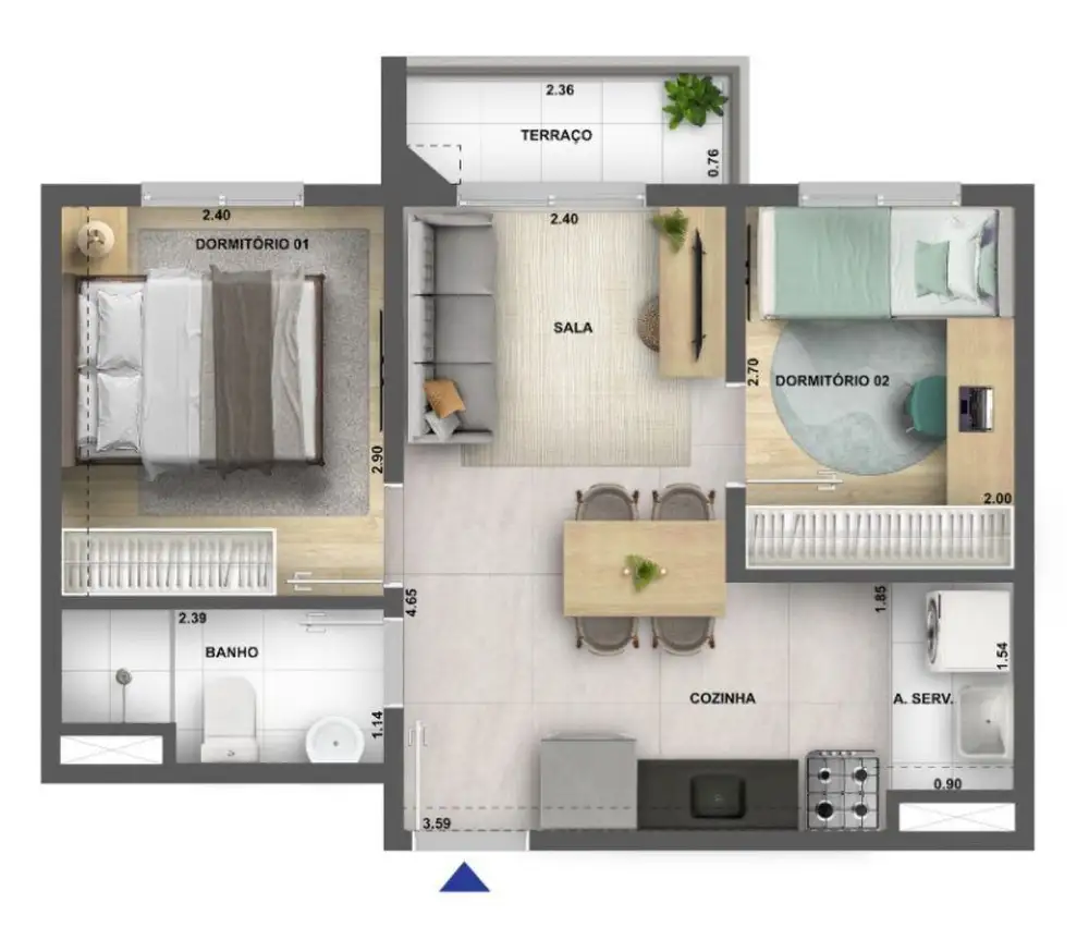 Planta 2 dormitórios 37 m²