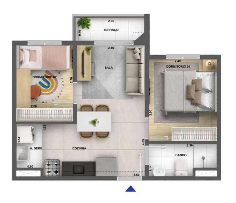 Planta 2 dormitórios 37 m²