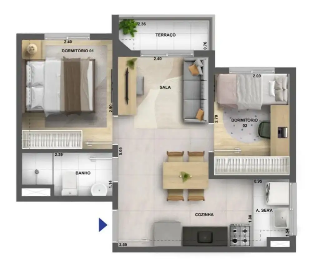 Planta 2 dormitórios 38 m²